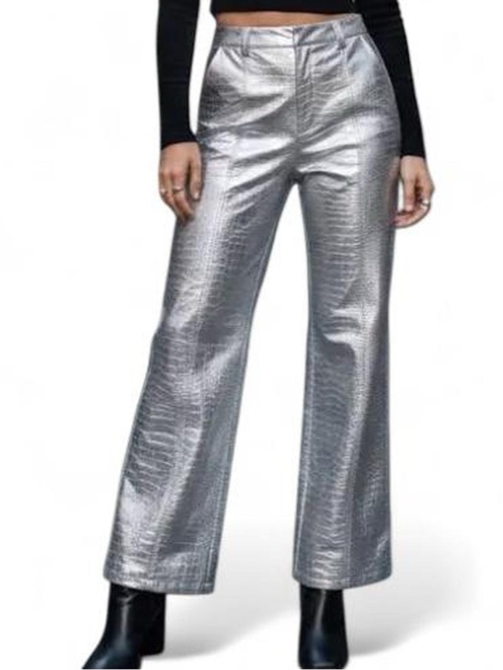 Avec Les Filles Silver Metallic Croc Embossed High Waisted Flare Pants Size 10